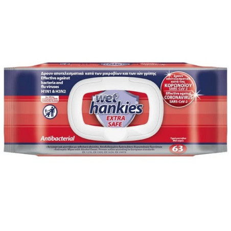 Wet Hankies extra safe υγρά αντιβακτηριδιακά μαντηλάκια 63τεμ Wet Hankies - 1