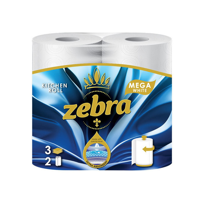 Zebra χαρτι κουζινας 2 ρολα 3φ white mega  - 1