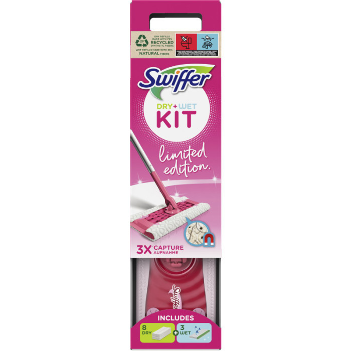 Swiffer kit pink limited edition με έτοιμη σκούπα, 8 πανάκια & 3 υγρά πανάκια