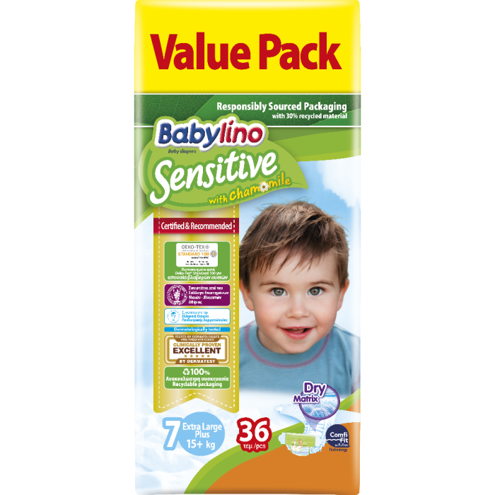 Babylino sensitive πάνες extra large plus no7 15+kg 36τεμ